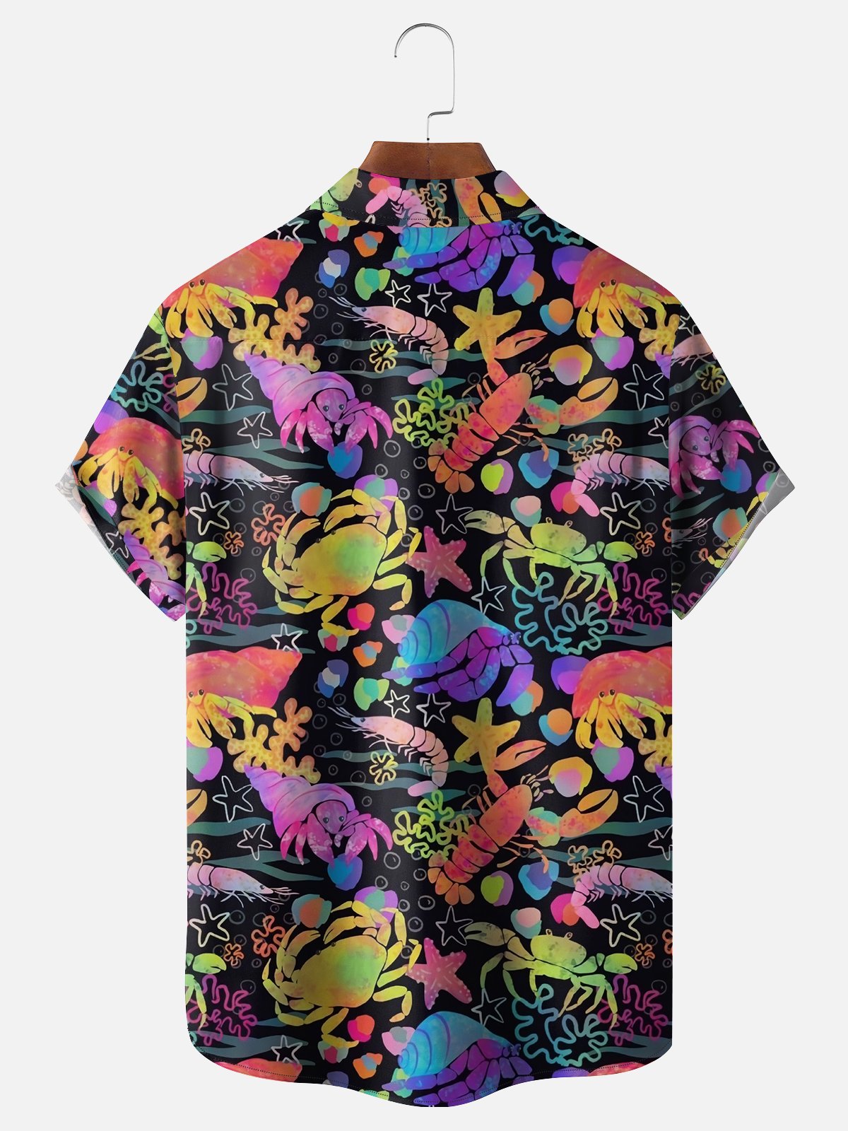 Moisture-wicking Lobster Crab Shell Gradient Pattern Chest Pocket Hawaiian Shirt