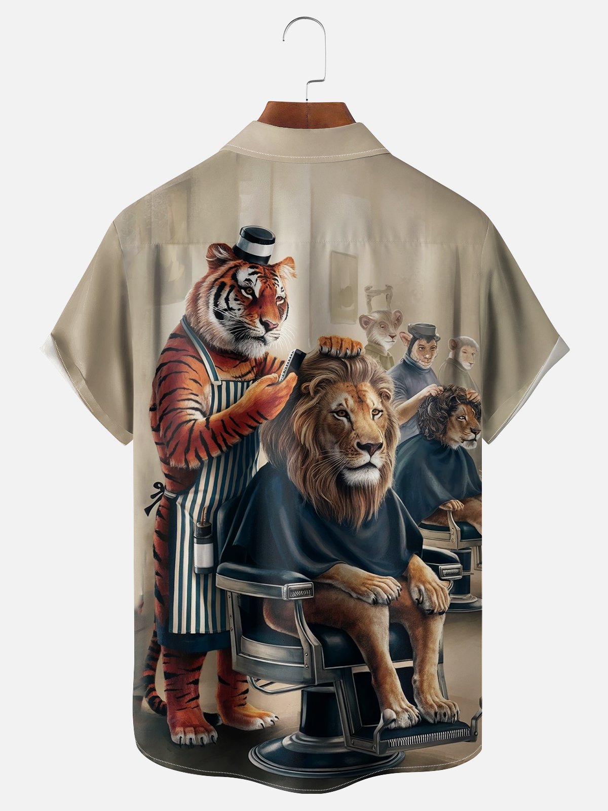 Moisture-wicking Tiger and Lion Haircut Art Chest Pocket Hawaiian Shirt