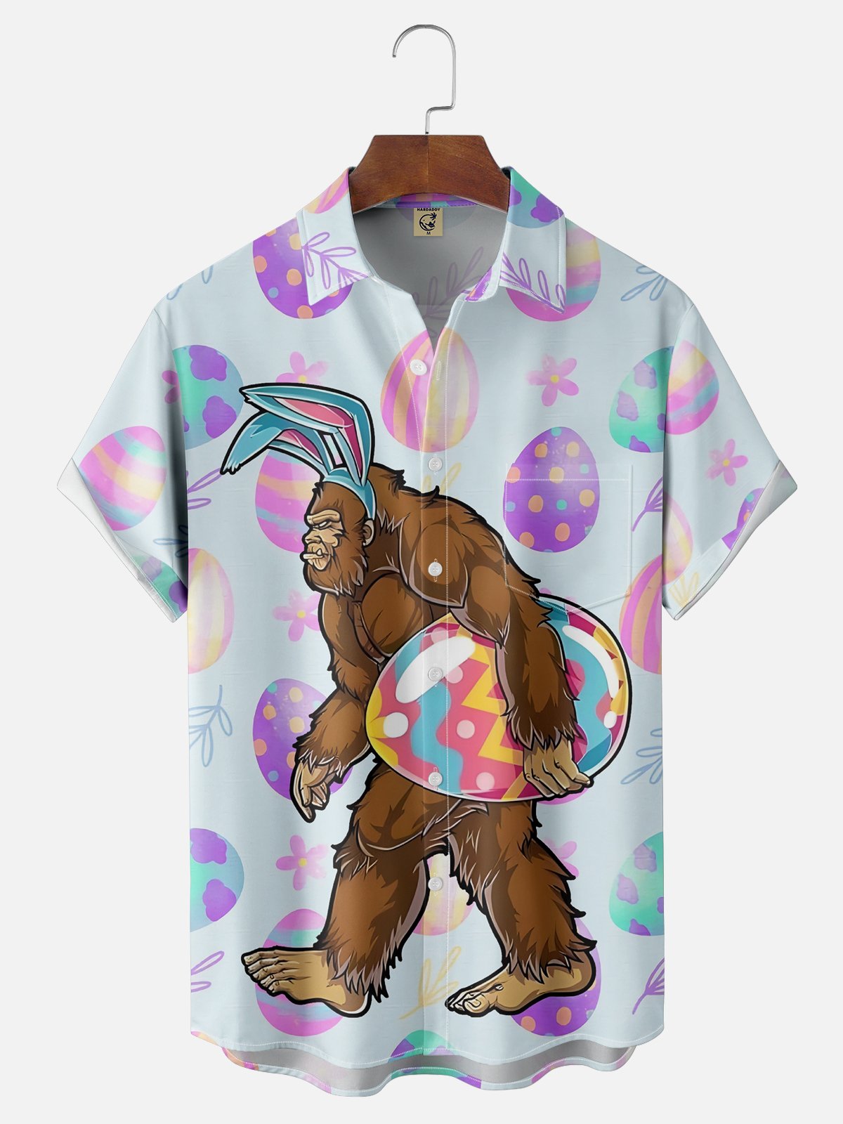 Moisture-wicking Easter Bigfoot Bunny Eggs Chest Pocket Casual Shirt