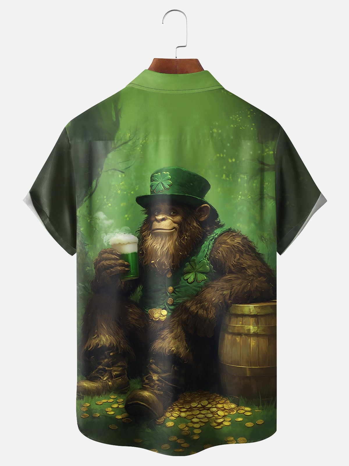 Moisture-wicking St. Patrick's Day Bigfoot Four Leaf Beer Chest Pocket Casual Shirt