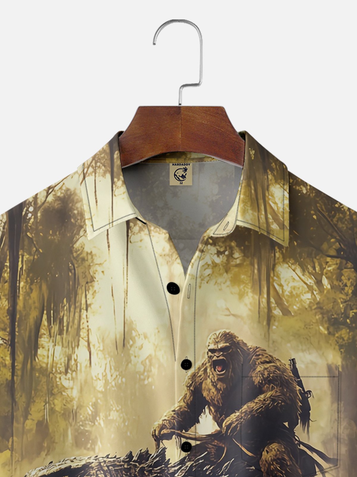 Moisture-wicking Bigfoot vs. Godzilla Chest Pocket Hawaiian Shirt