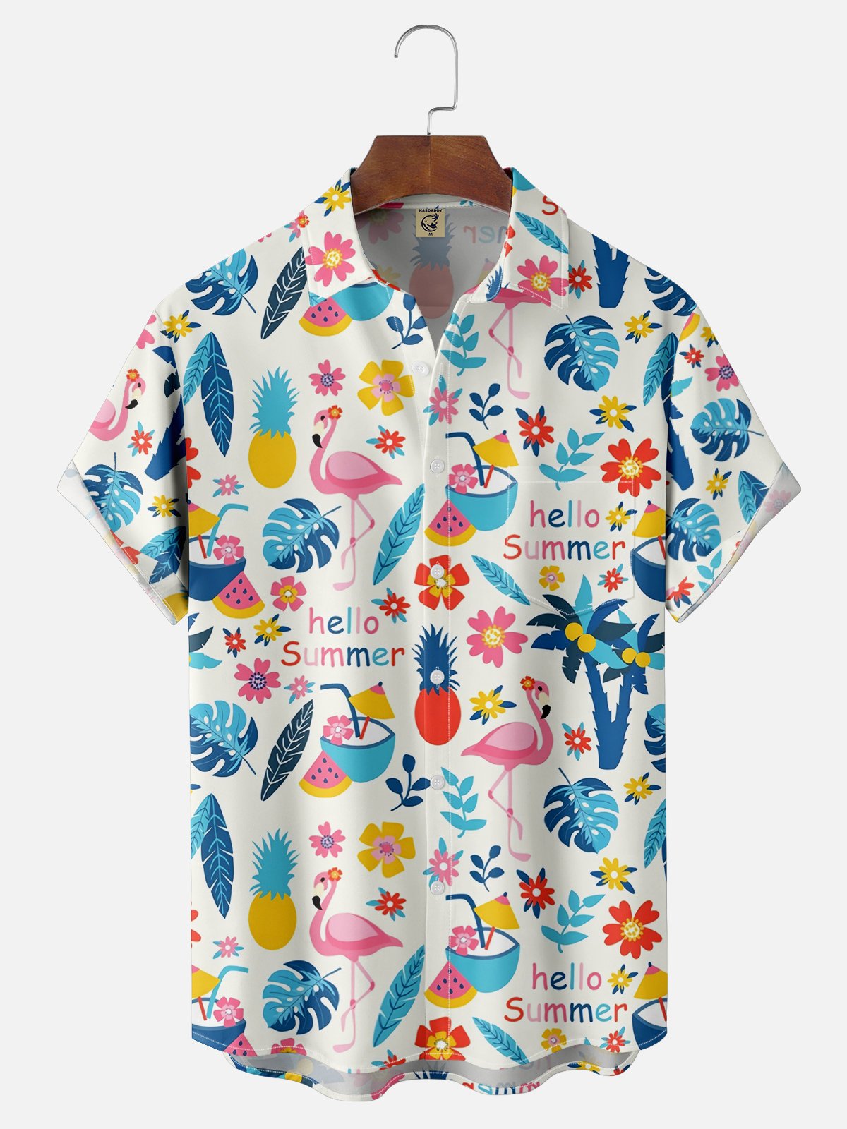 Moisture-wicking Summer Refreshing Plant Flamingo Chest Pocket Hawaiian Shirt