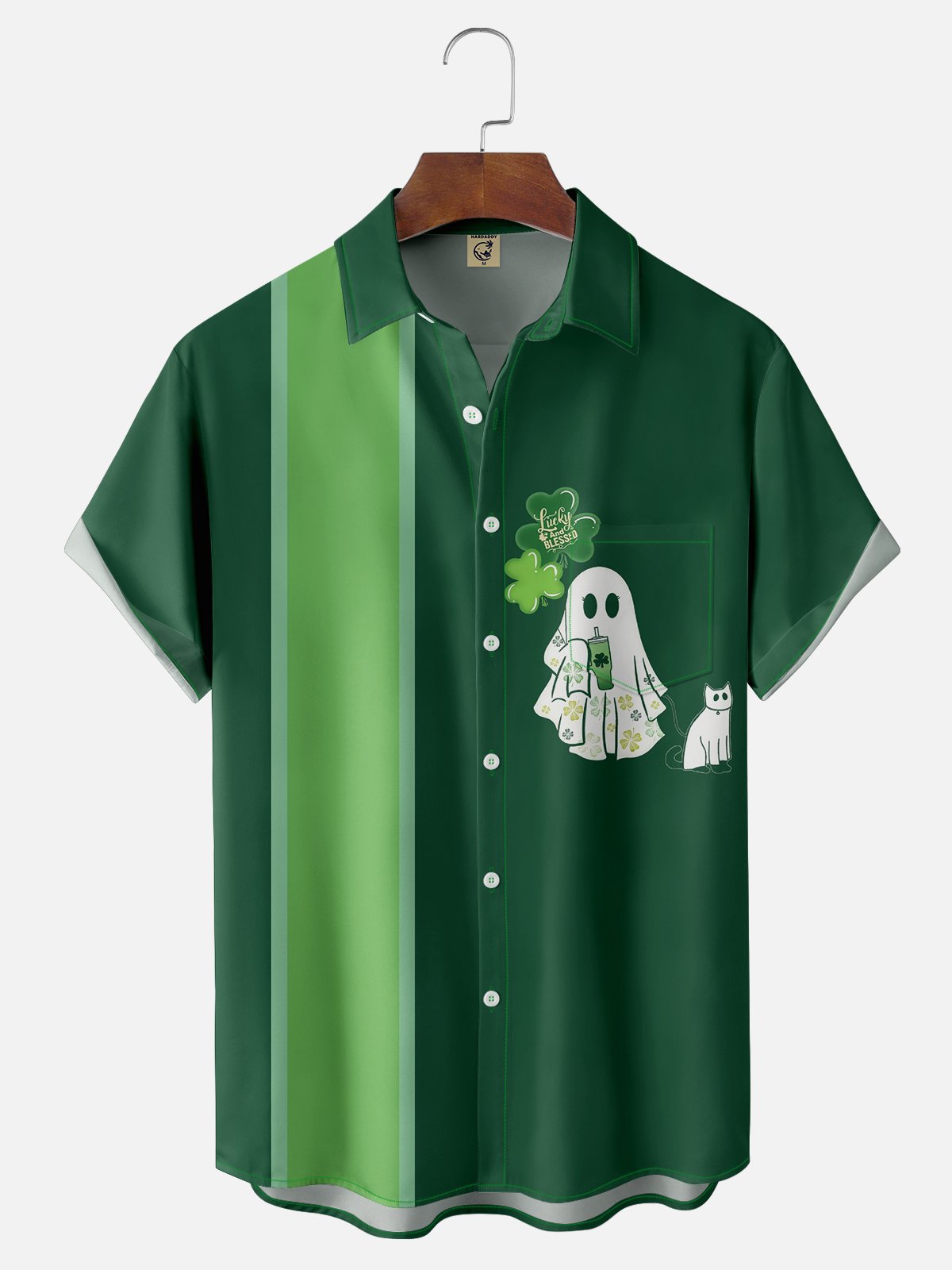 Moisture-wicking St Patricks Day Shamrock Ghost Cat Clover Chest Pocket Bowling Shirt