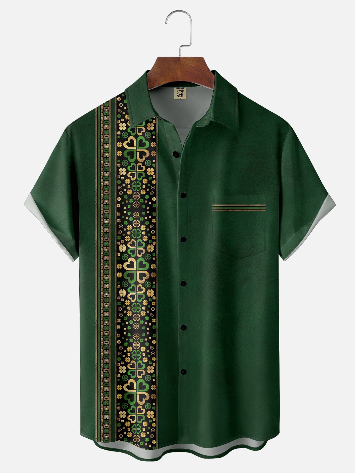 Moisture-wicking St. Patrick's Day Four Leaf Clover Stripe Chest Pocket Bowling Shirt