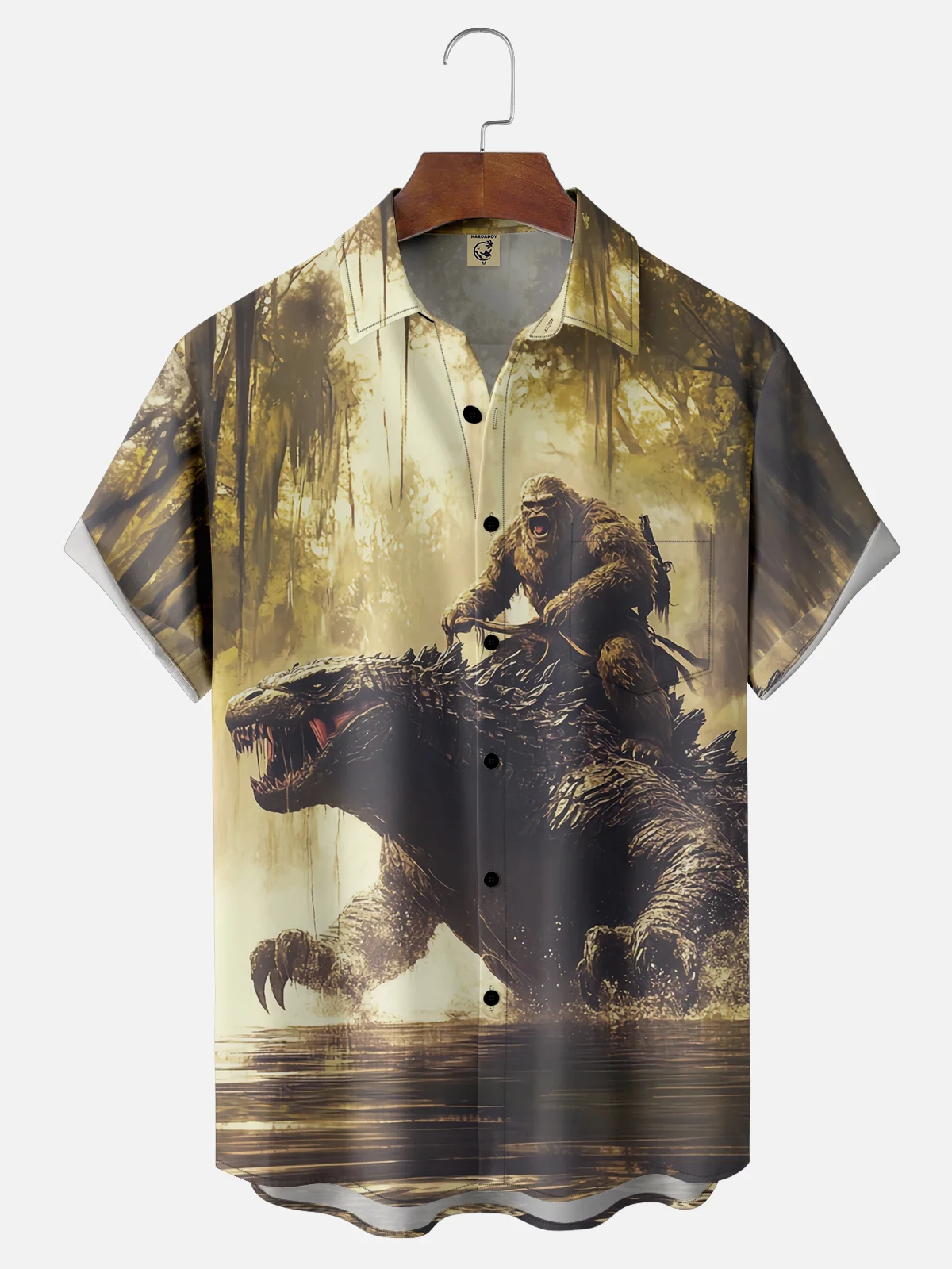 Moisture-wicking Bigfoot vs. Godzilla Chest Pocket Hawaiian Shirt