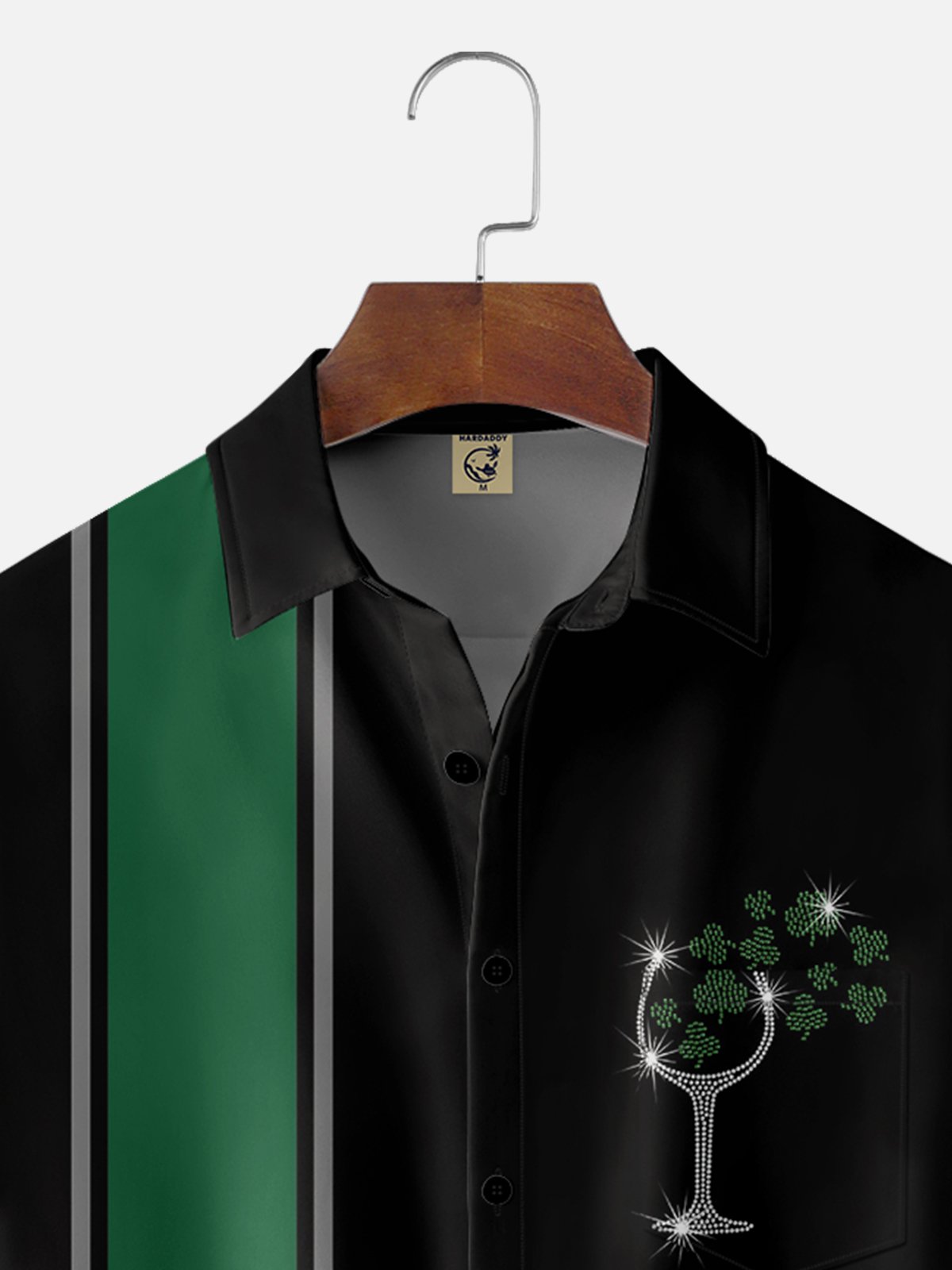 Moisture-wicking St Patrick‘s Day Cocktail Wine Glass Clover Chest Pocket Bowling Shirt