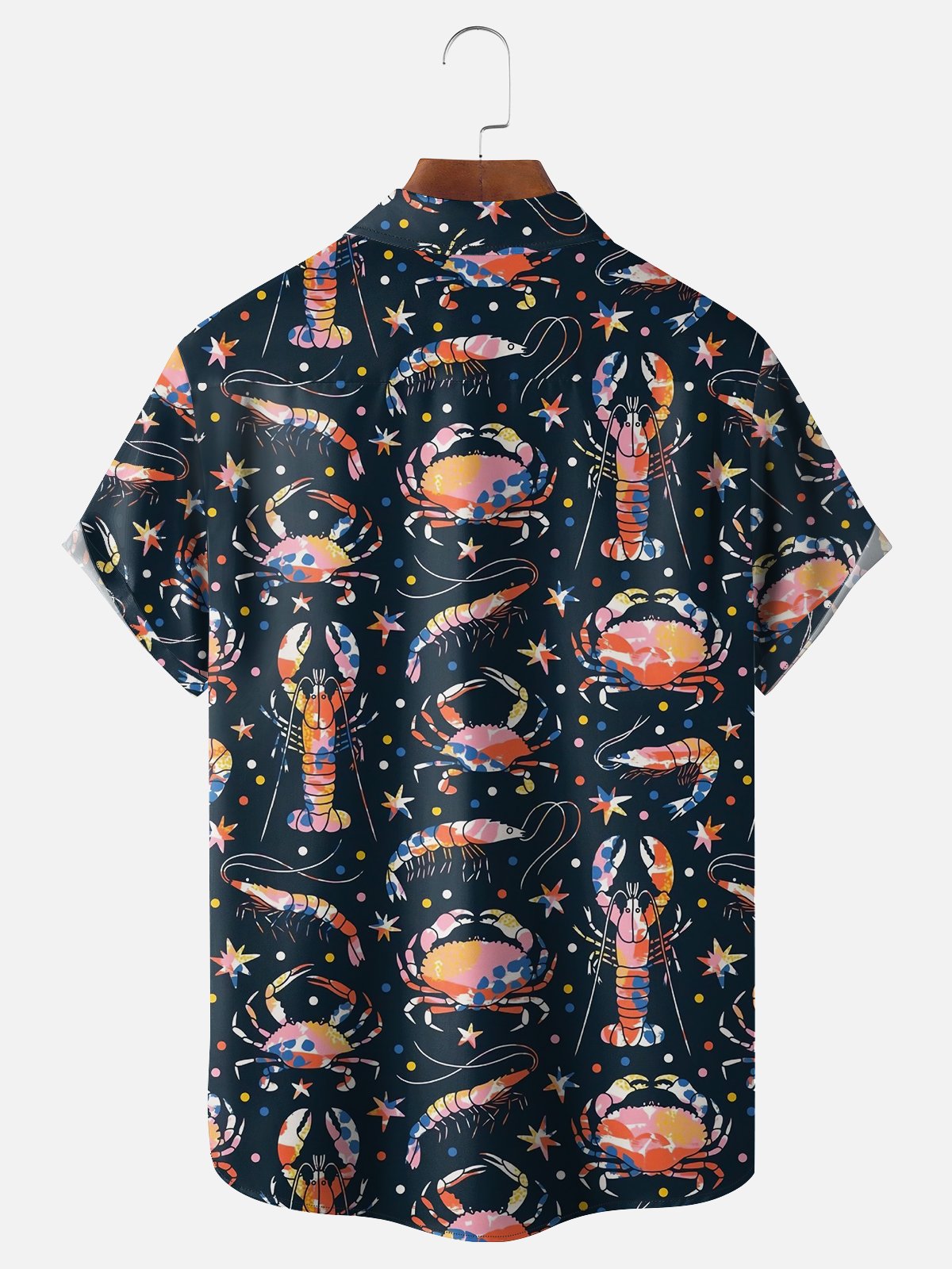 Moisture-wicking Lobster Crab Stars Marine Life Chest Pocket Hawaiian Shirt