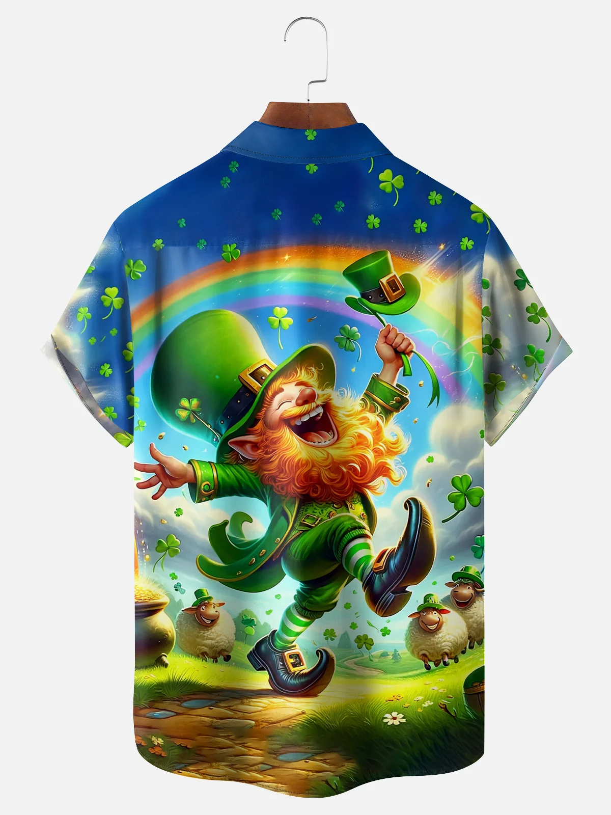 Moisture-wicking St. Patrick's Day Gnome Rainbow Clover Chest Pocket Casual Shirt