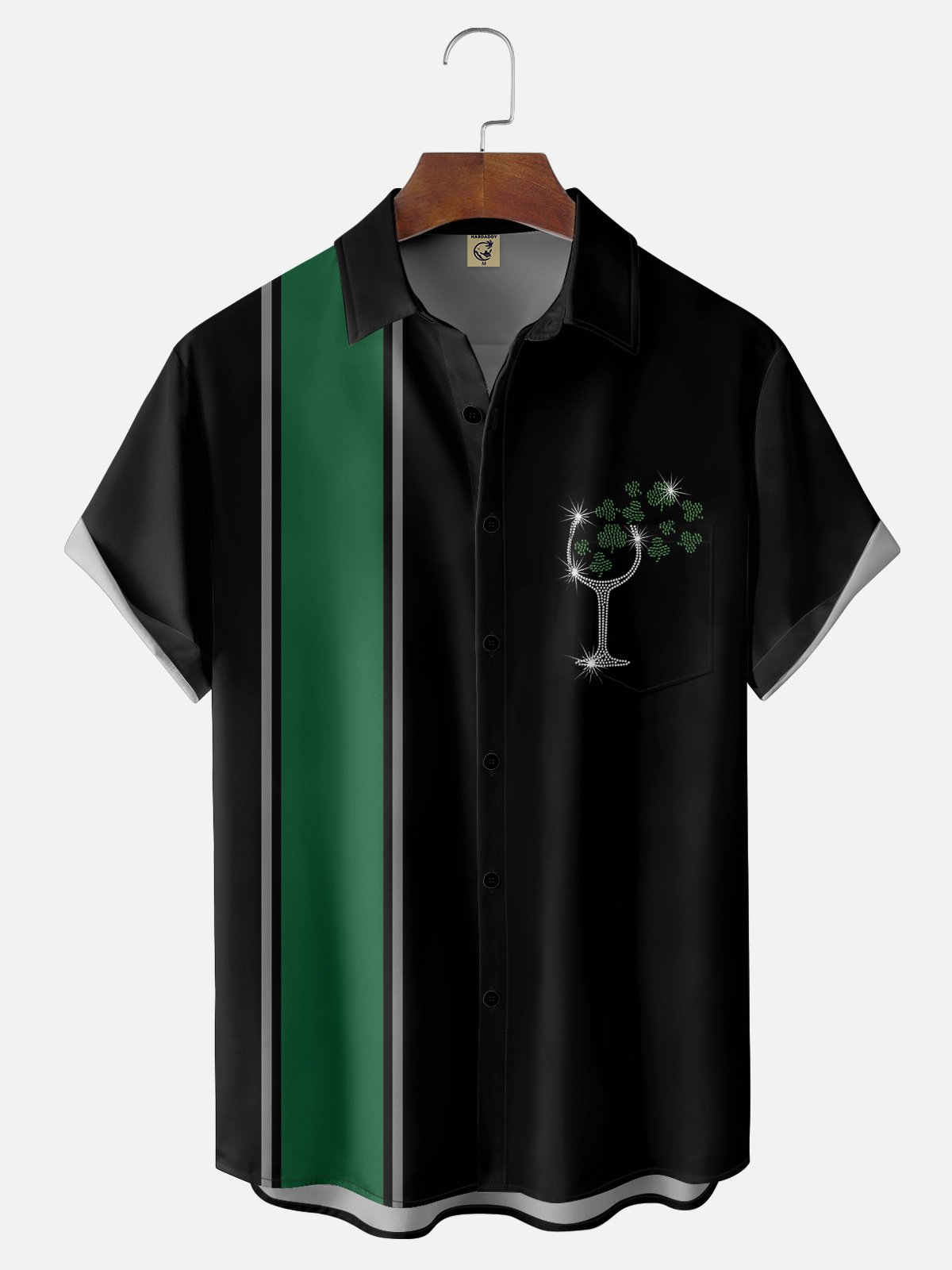 Moisture-wicking St Patrick‘s Day Cocktail Wine Glass Clover Chest Pocket Bowling Shirt