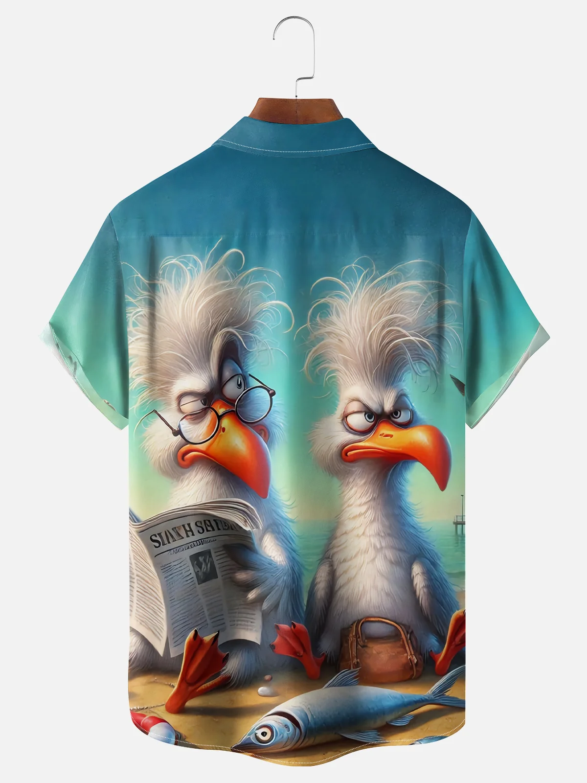 Moisture Wicking Beach Fun Seagull Chest Pocket Hawaiian Shirt