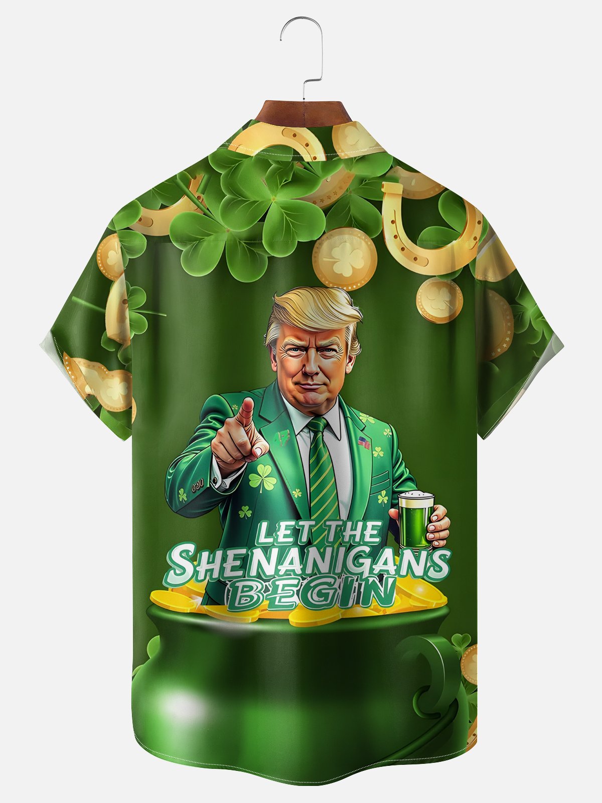 Moisture Wicking St. Patrick's Day Shamrock Trump Chest Pocket Hawaiian Shirt