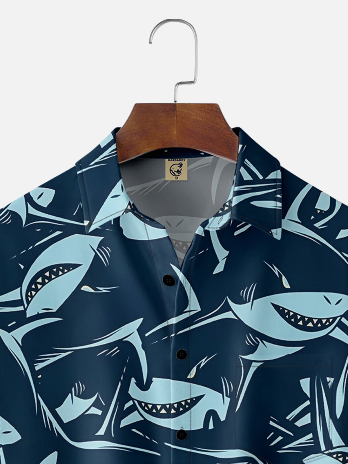 Moisture-wicking Ocean Shark Cartoon Fun Chest Pocket Hawaiian Shirt