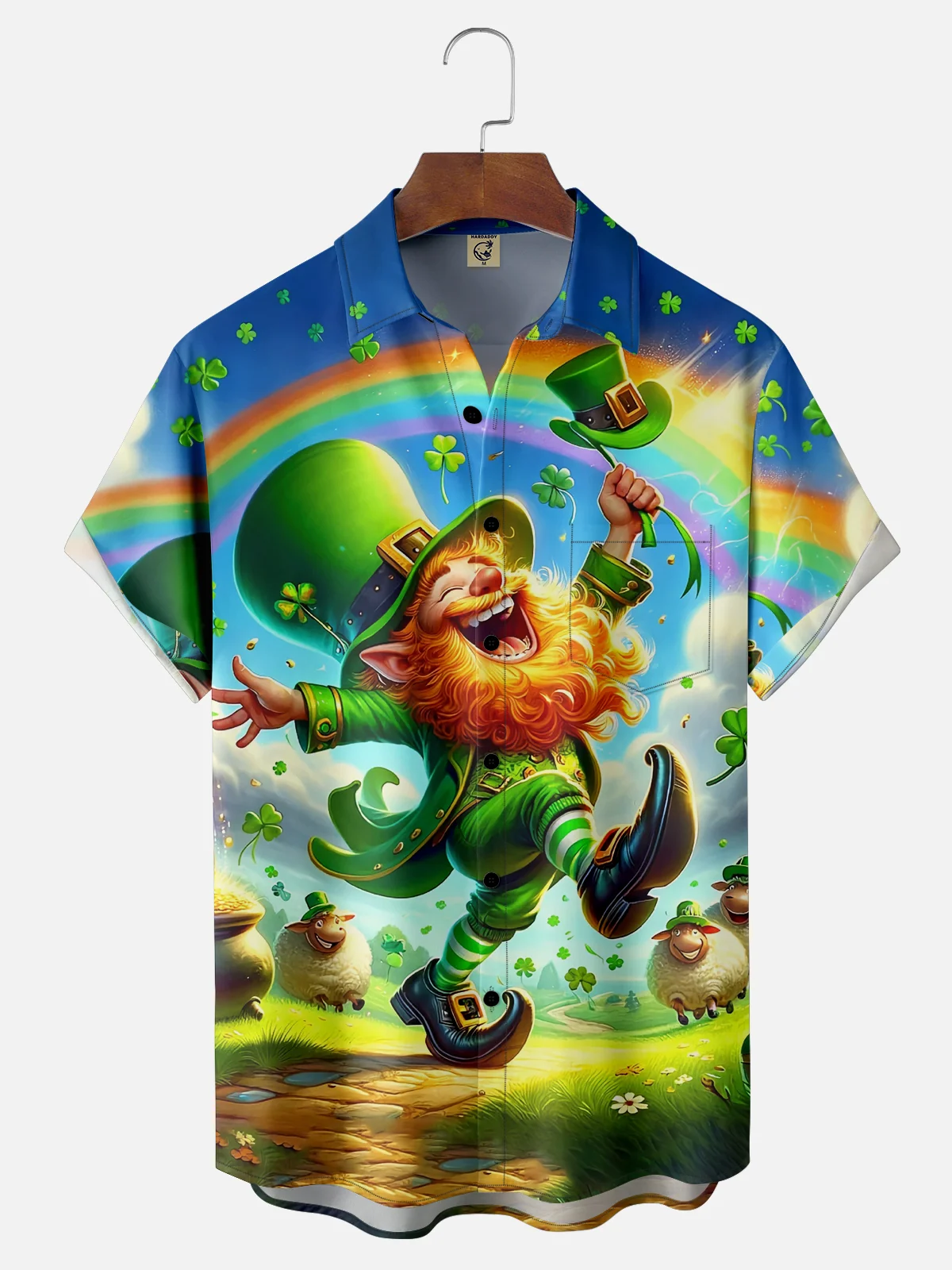 Moisture-wicking St. Patrick's Day Gnome Rainbow Clover Chest Pocket Casual Shirt