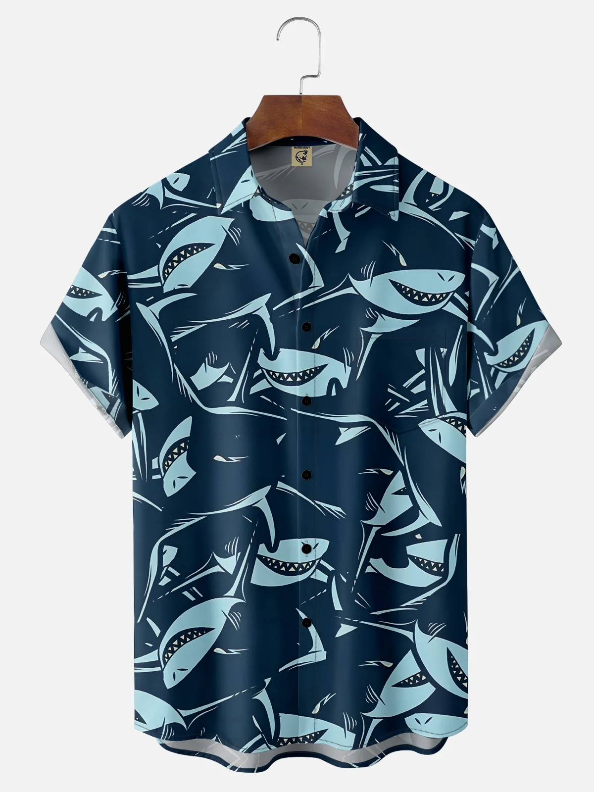 Moisture-wicking Ocean Shark Cartoon Fun Chest Pocket Hawaiian Shirt