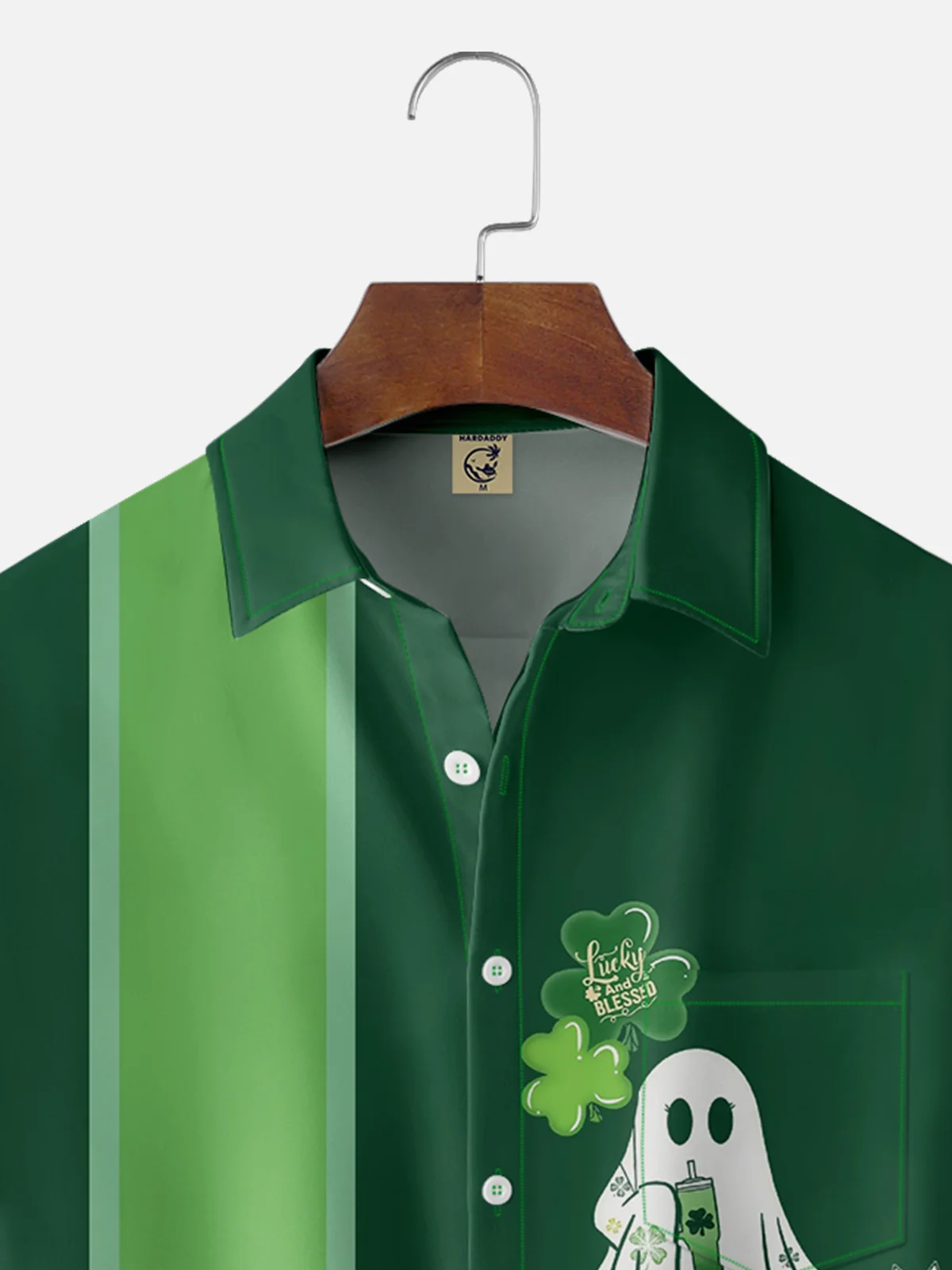 Moisture-wicking St Patricks Day Shamrock Ghost Cat Clover Chest Pocket Bowling Shirt