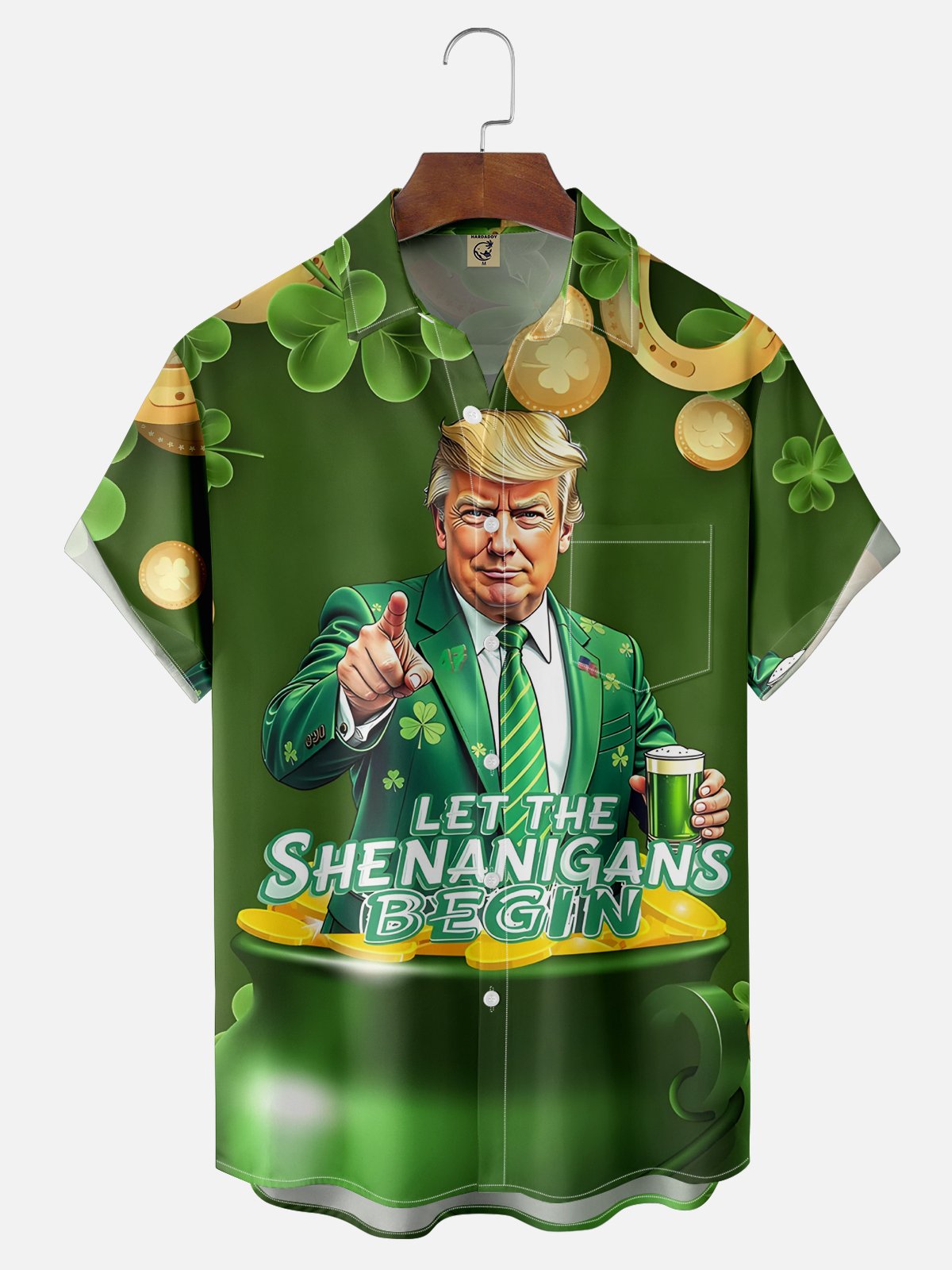 Moisture Wicking St. Patrick's Day Shamrock Trump Chest Pocket Hawaiian Shirt