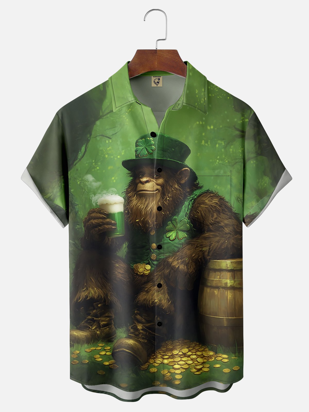 Moisture-wicking St. Patrick's Day Bigfoot Four Leaf Beer Chest Pocket Casual Shirt