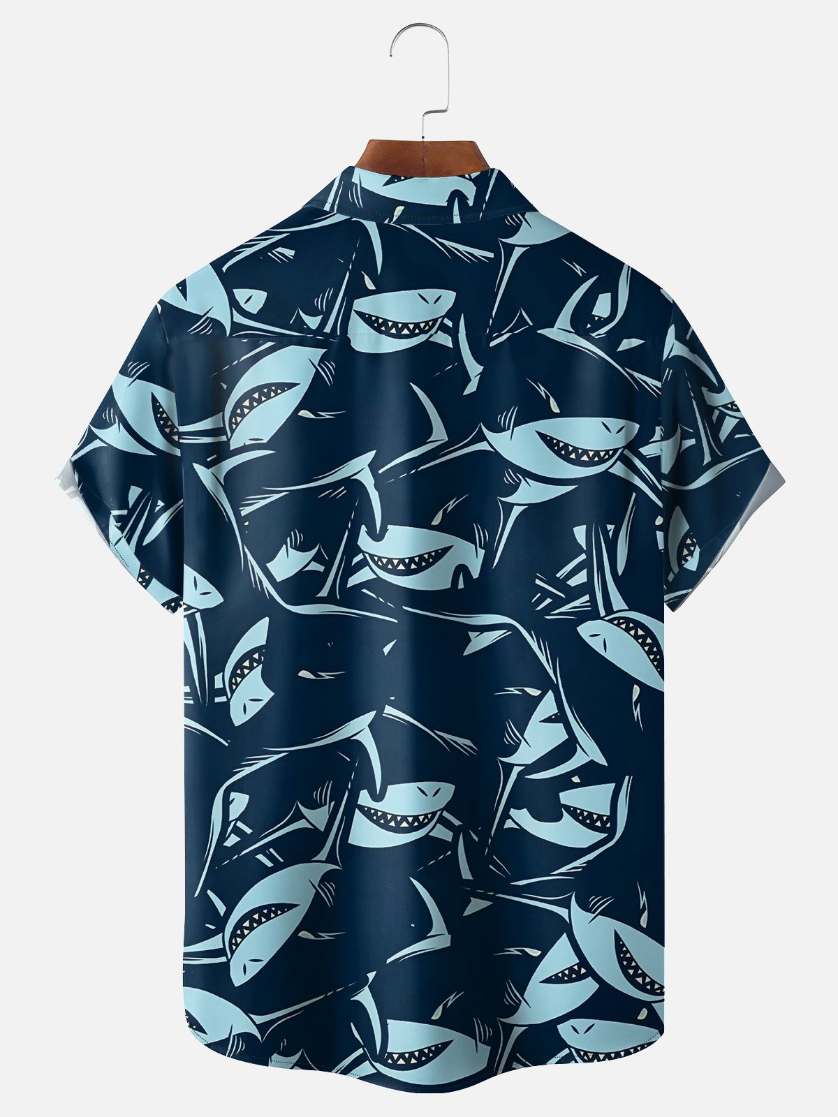 Moisture-wicking Ocean Shark Cartoon Fun Chest Pocket Hawaiian Shirt