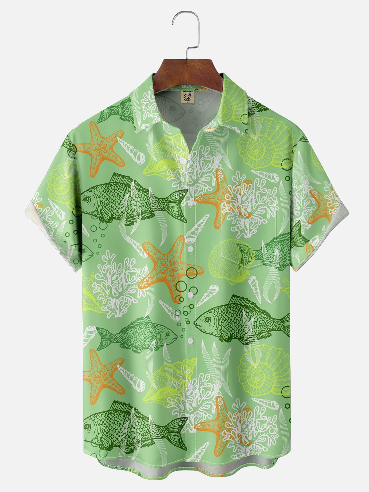 Moisture-wicking Ocean Fish Shell Starfish Chest Pocket Hawaiian Shirt