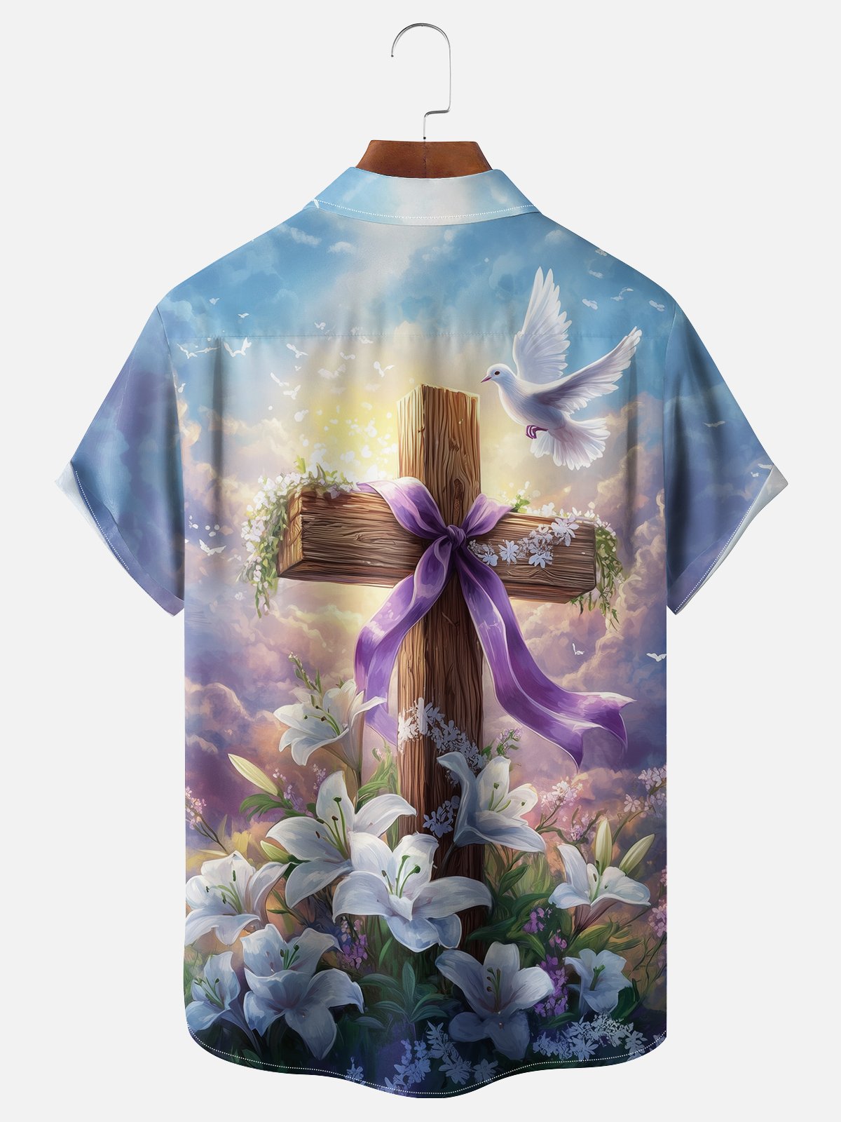 Moisture-wicking Easter Cross Lily Pigeon Chest Pocket Casual Shirt