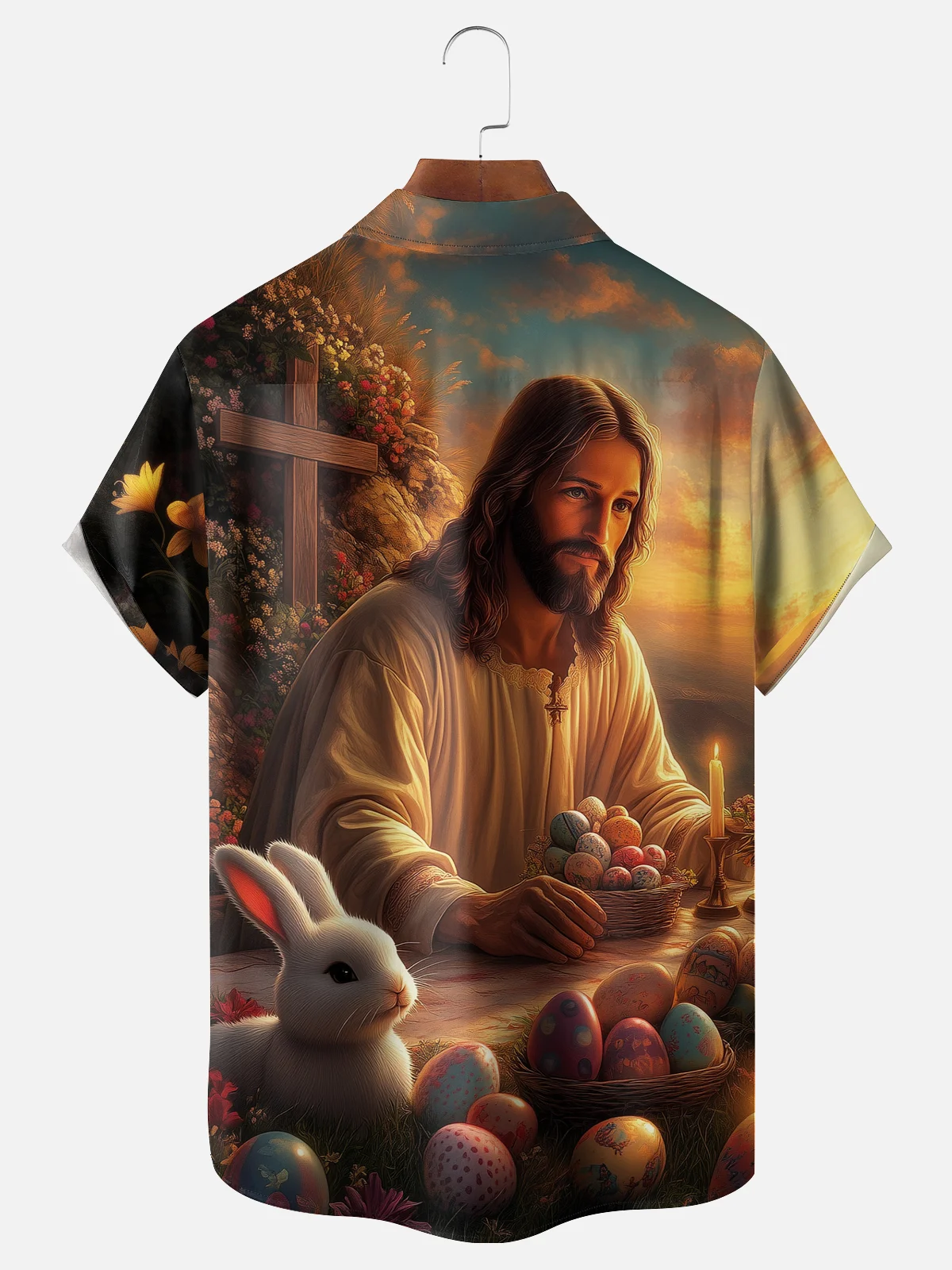 Moisture-wicking Easter Jesus Christ Bunny Rabbit Eggs Chest Pocket Casual Shirt