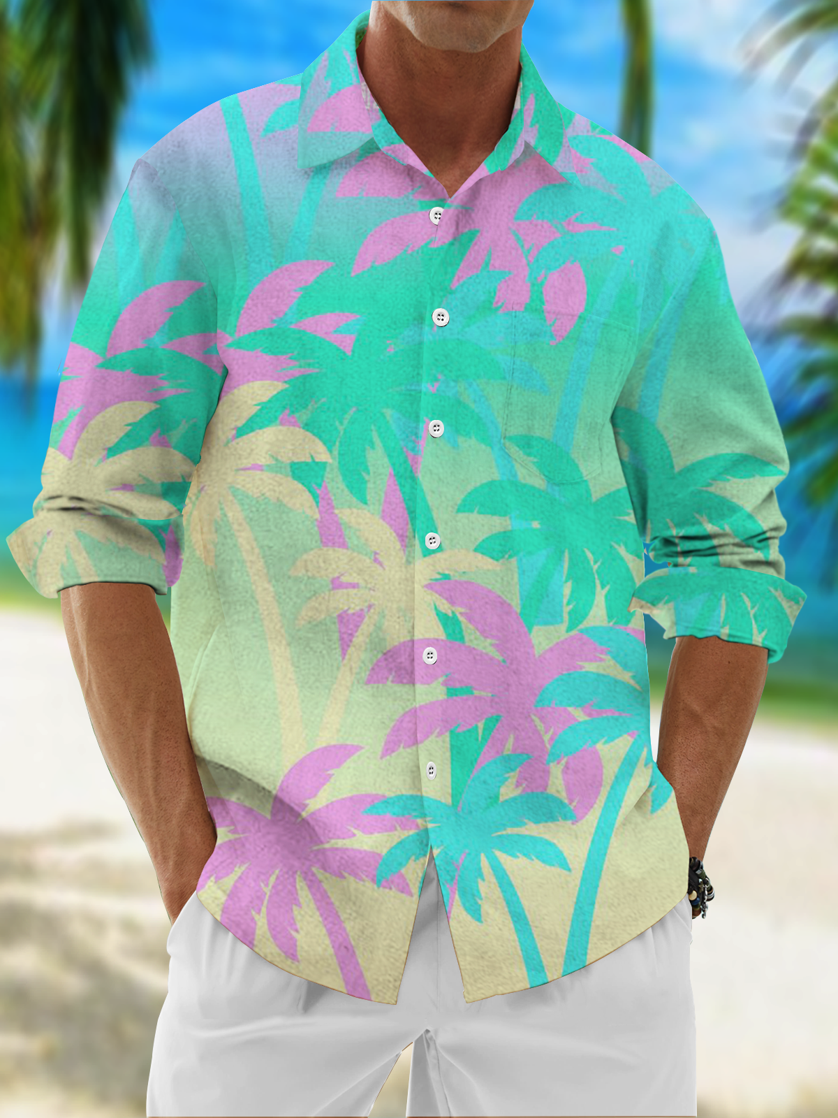 Moisture Wicking Gradient Coconut Tree Long Sleeve Casual Shirt