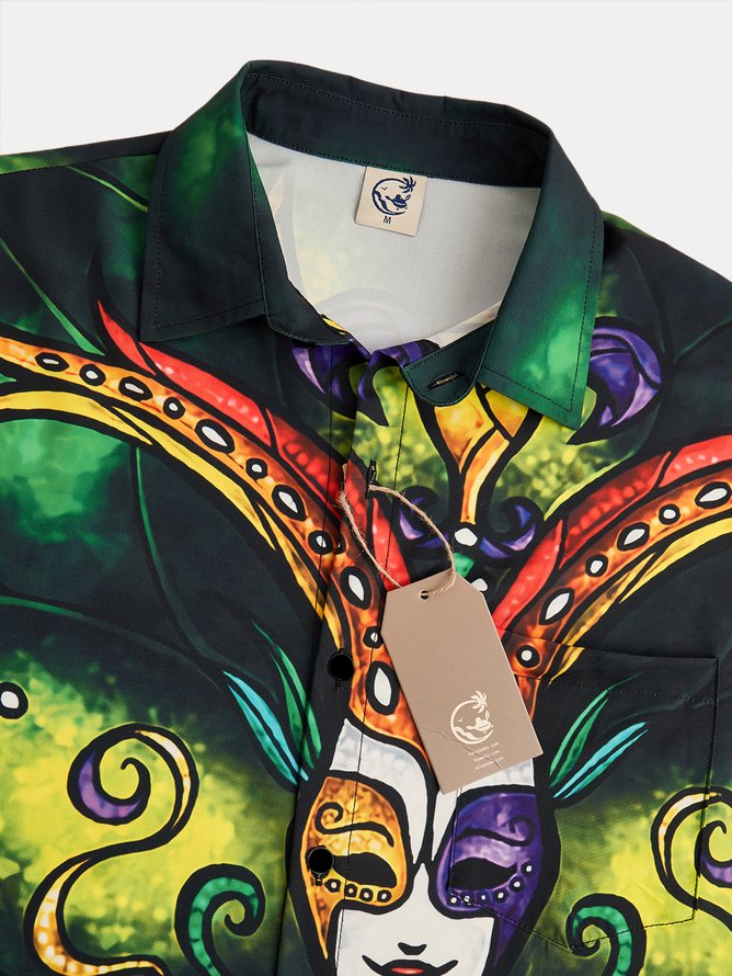 Mardi Gras Mask Chest Pocket Short Sleeve Casual Shirt