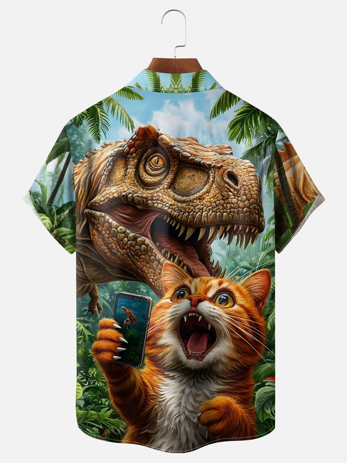 Moisture Wicking Funny Cat Dinosaur Chest Pocket Hawaiian Shirt