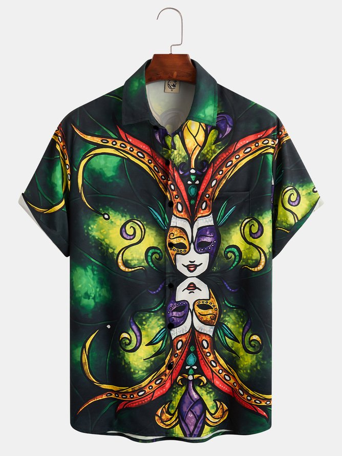 Mardi Gras Mask Chest Pocket Short Sleeve Casual Shirt
