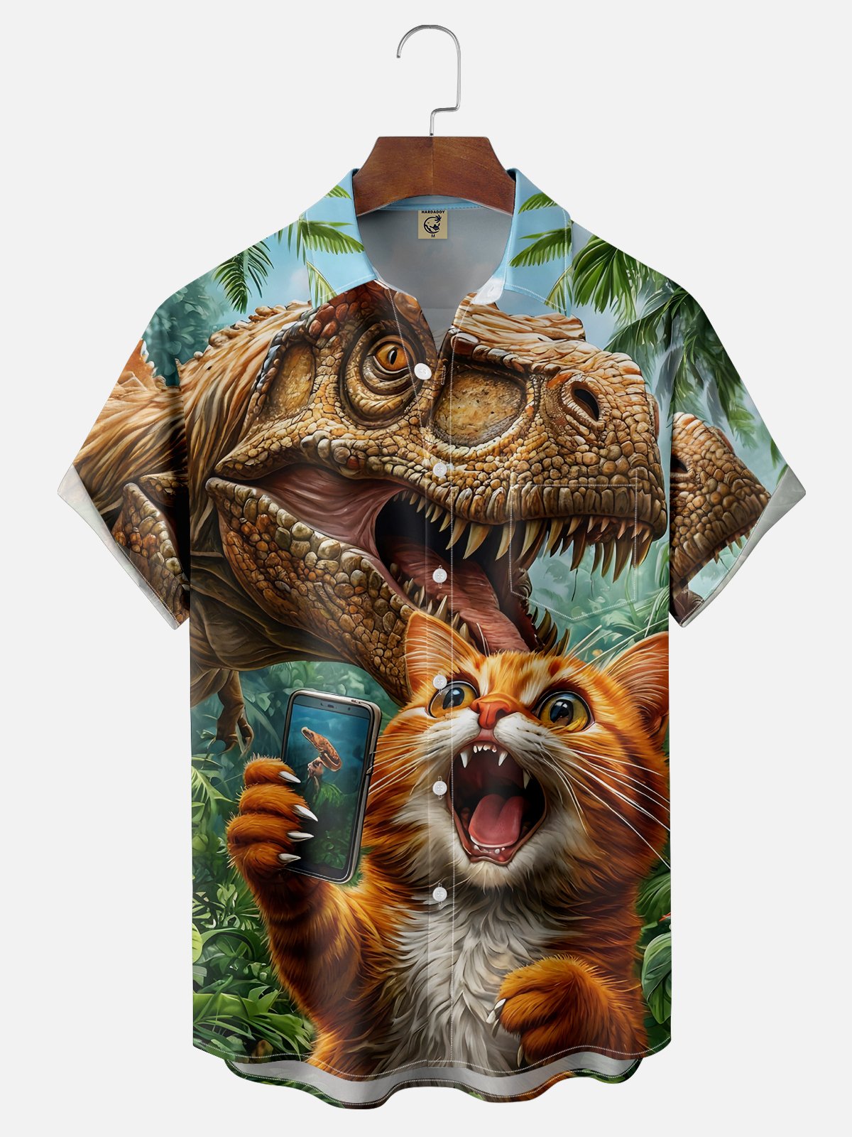 Moisture Wicking Funny Cat Dinosaur Chest Pocket Hawaiian Shirt