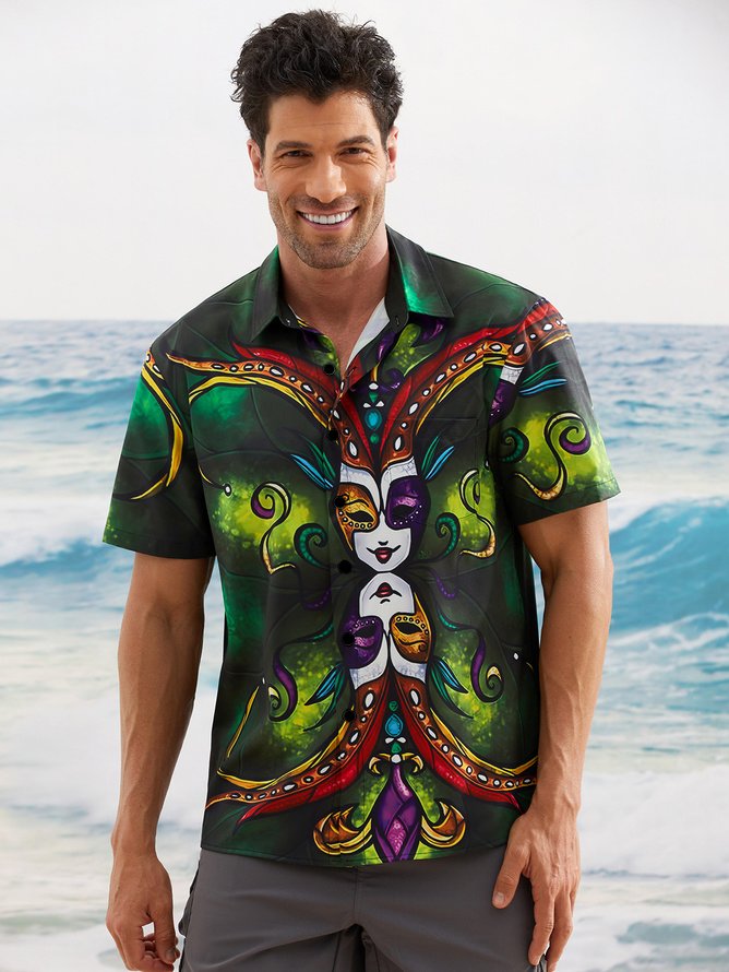 Mardi Gras Mask Chest Pocket Short Sleeve Casual Shirt