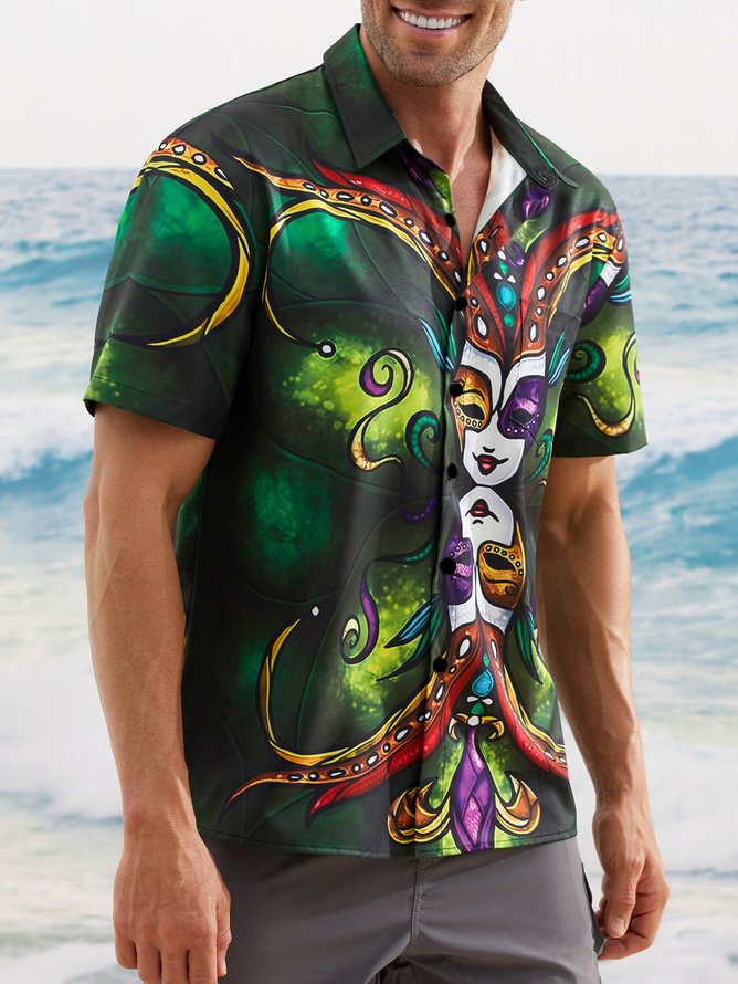 Mardi Gras Mask Chest Pocket Short Sleeve Casual Shirt