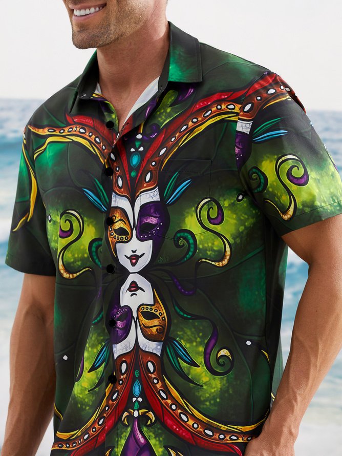 Mardi Gras Mask Chest Pocket Short Sleeve Casual Shirt