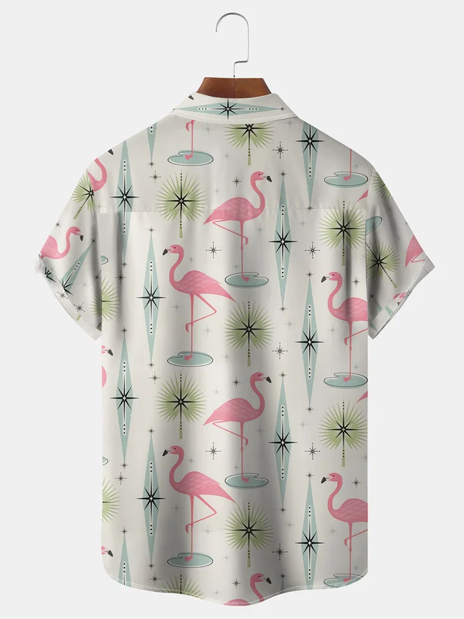 Tall Size Moisture-wicking Flamingo Geomatric Chest Pocket Hawaiian Shirt