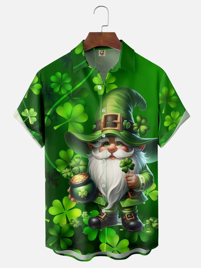 Tall Size Moisture-wicking St Patricks Day Gnome Shamrock Chest Pocket Casual Shirt