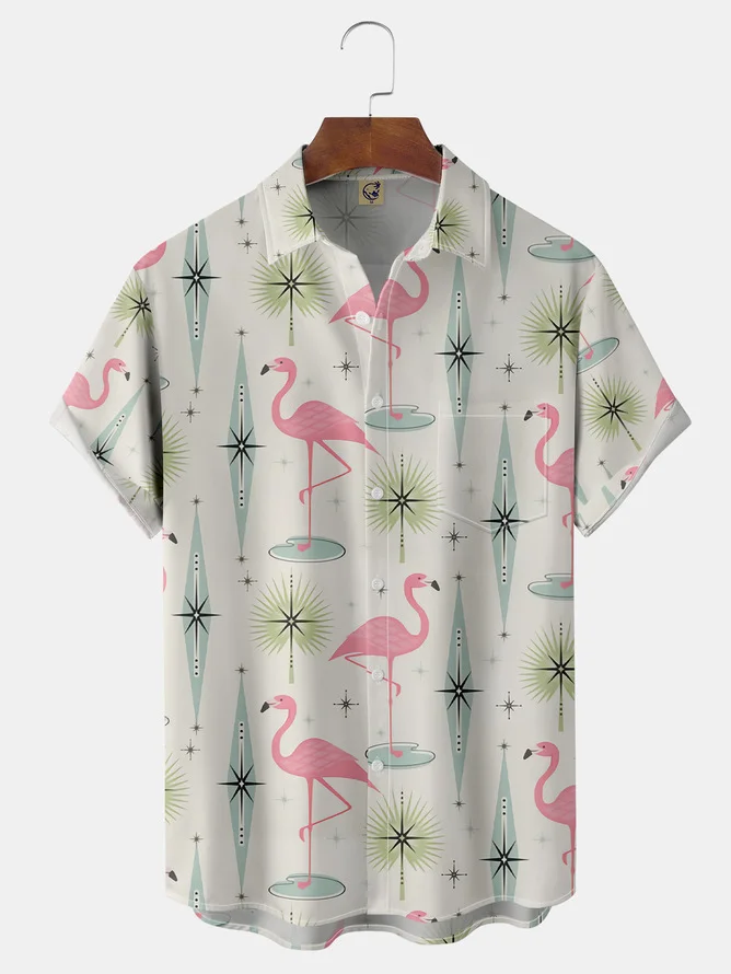 Tall Size Moisture-wicking Flamingo Geomatric Chest Pocket Hawaiian Shirt