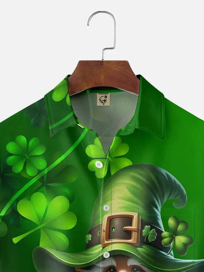 Tall Size Moisture-wicking St Patricks Day Gnome Shamrock Chest Pocket Casual Shirt