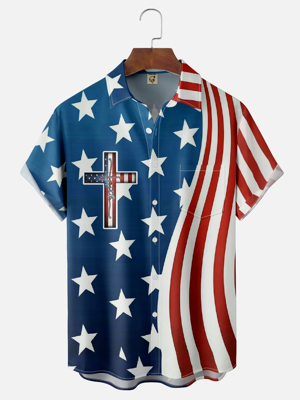 Moisture-wicking Easter Cross American Flag Independence Day Chest Pocket Casual Shirt