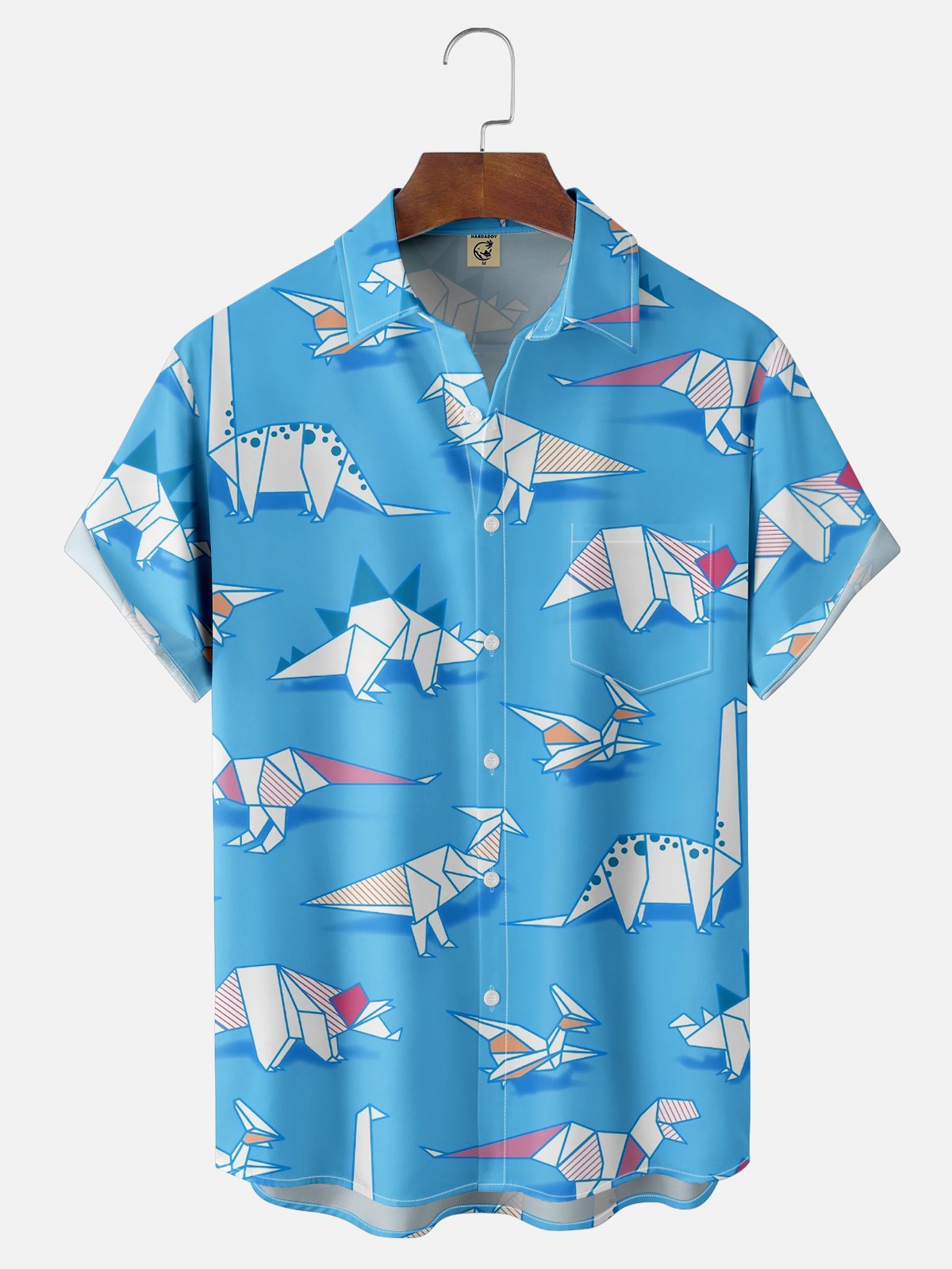 Moisture Wicking Fun Origami Dinosaur Chest Pocket Hawaiian Shirt