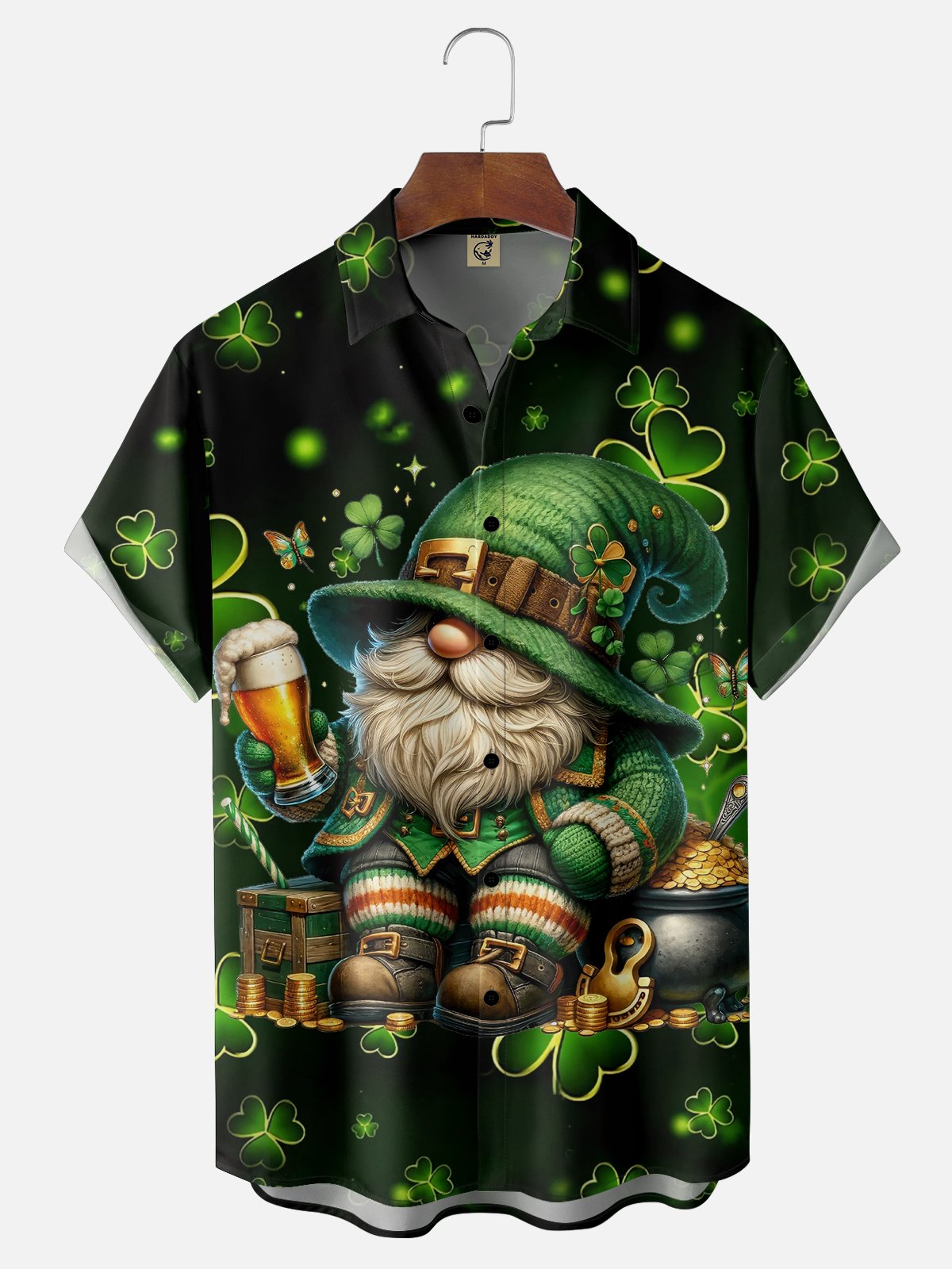 Moisture-wicking St. Patrick's Day Gnome Beer Shamrock Chest Pocket Casual Shirt