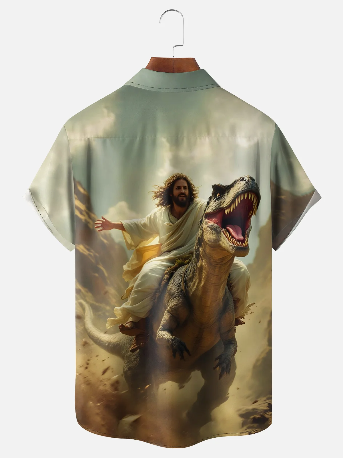 Moisture-wicking Jesus Dinosaur Rider Chest Pocket Casual Shirt