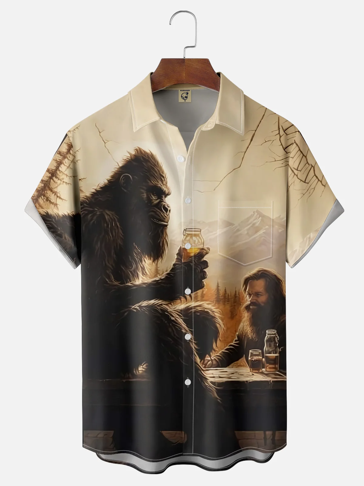 Moisture-wicking Bigfoot Whiskey Art Chest Pocket Hawaiian Shirt