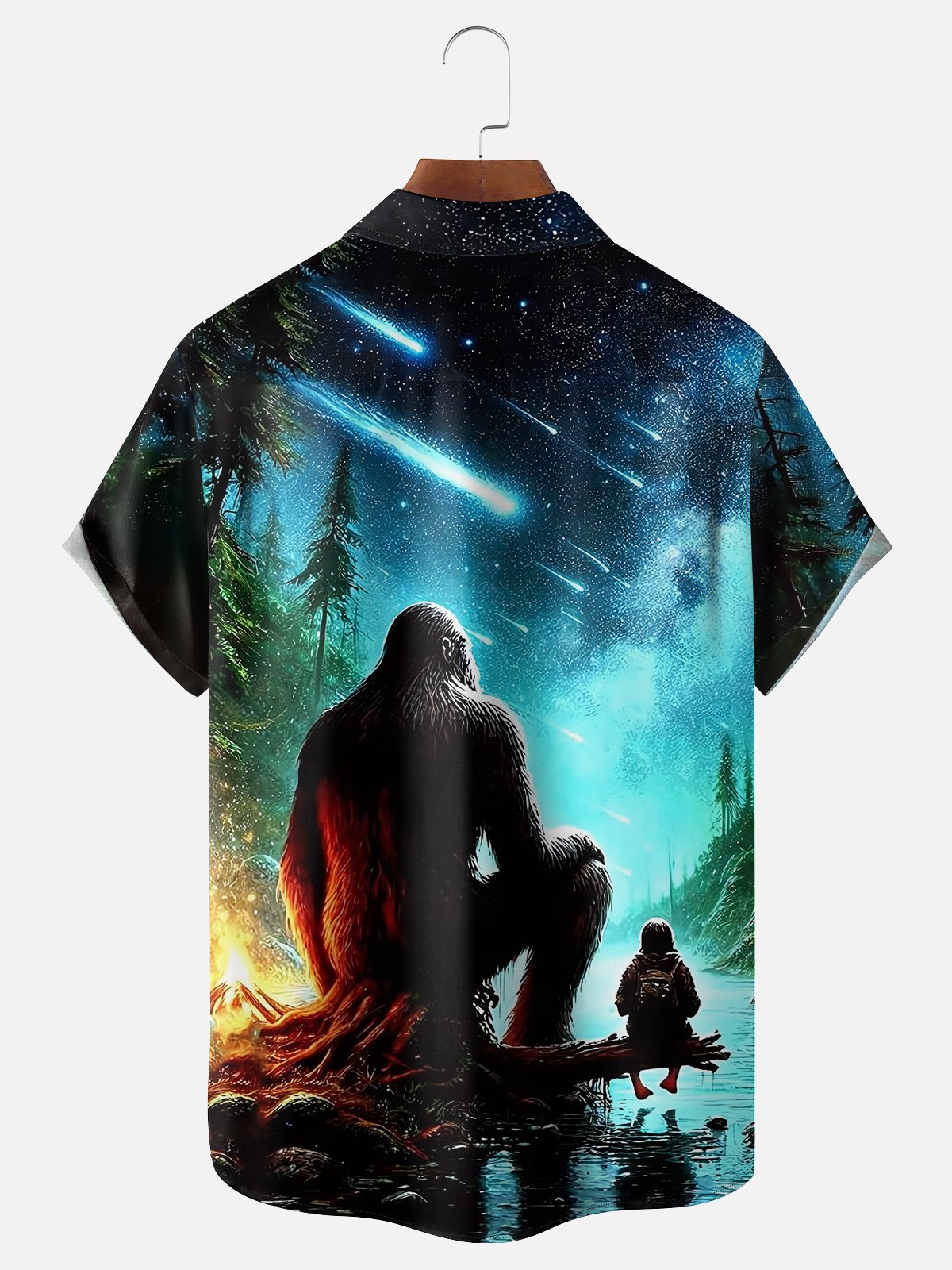 Moisture-wicking Bigfoot Starry Sky Meteor Art Chest Pocket Hawaiian Shirt