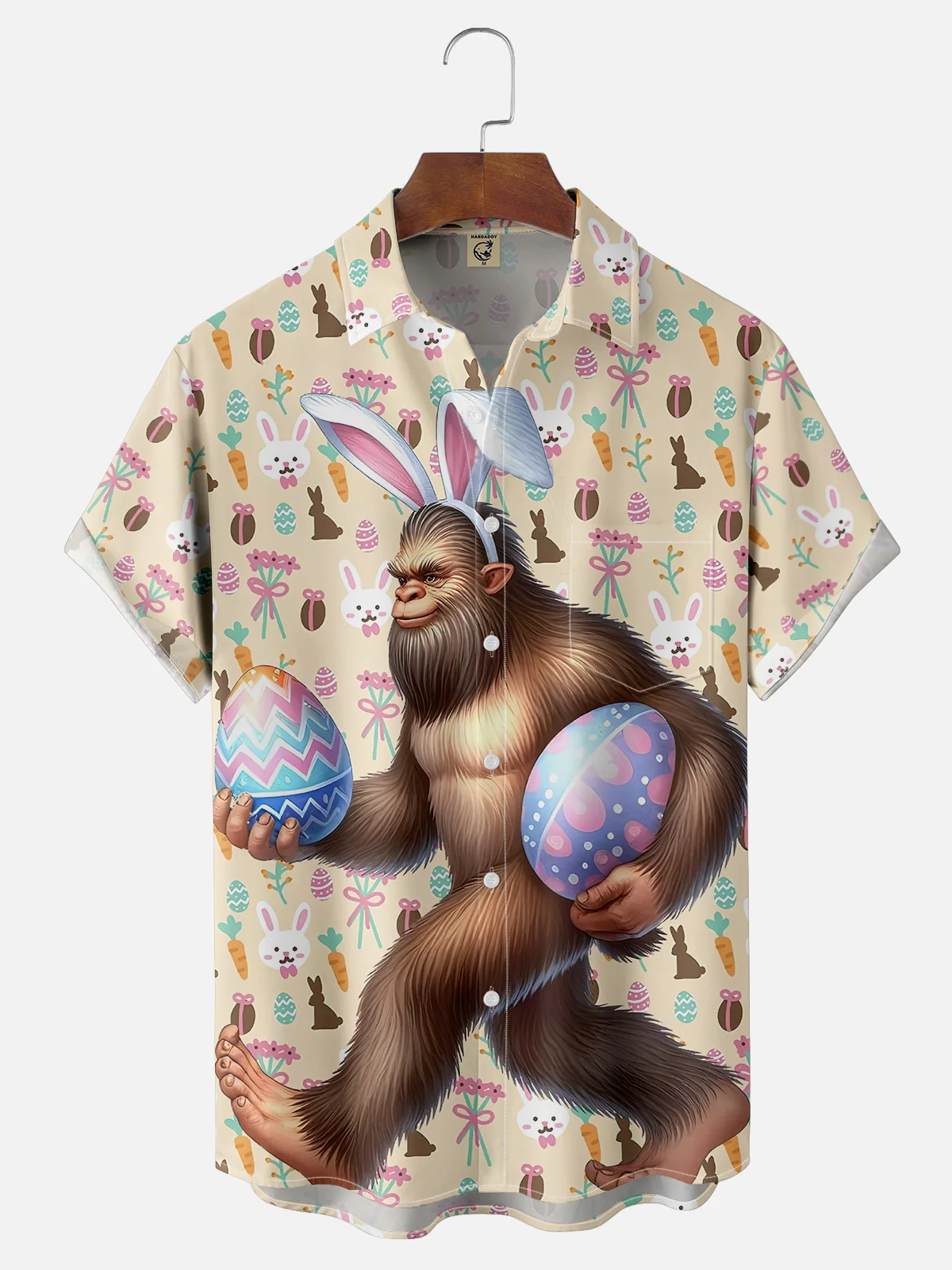 Moisture-wicking Happy Easter Bigfoot Art Egg Chest Pocket Casual Shirt