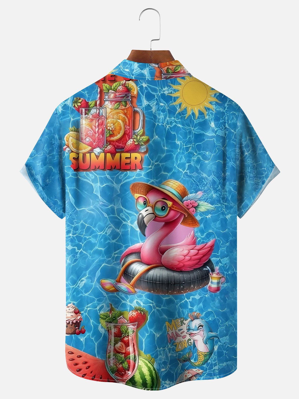 Moisture-wicking Fun Flamingo Art Blue Chest Pocket Hawaiian Shirt