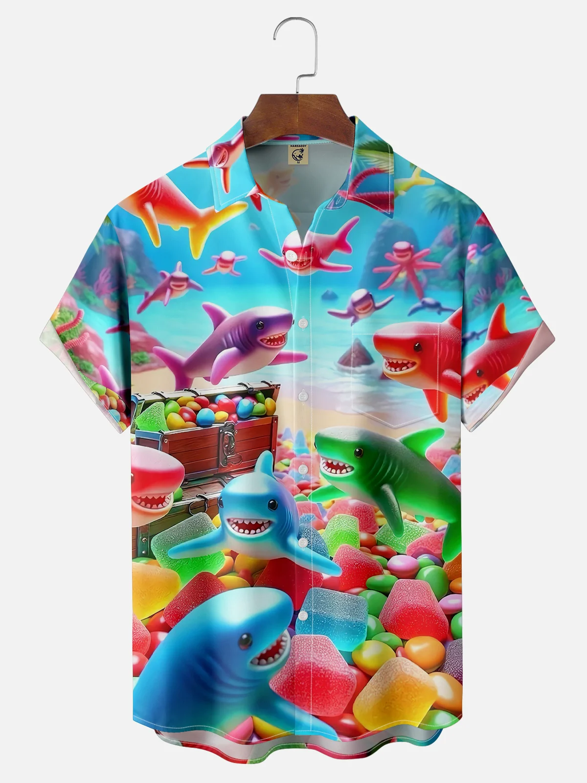 Moisture-wicking Funny Shark Gummy Art Chest Pocket Hawaiian Shirt