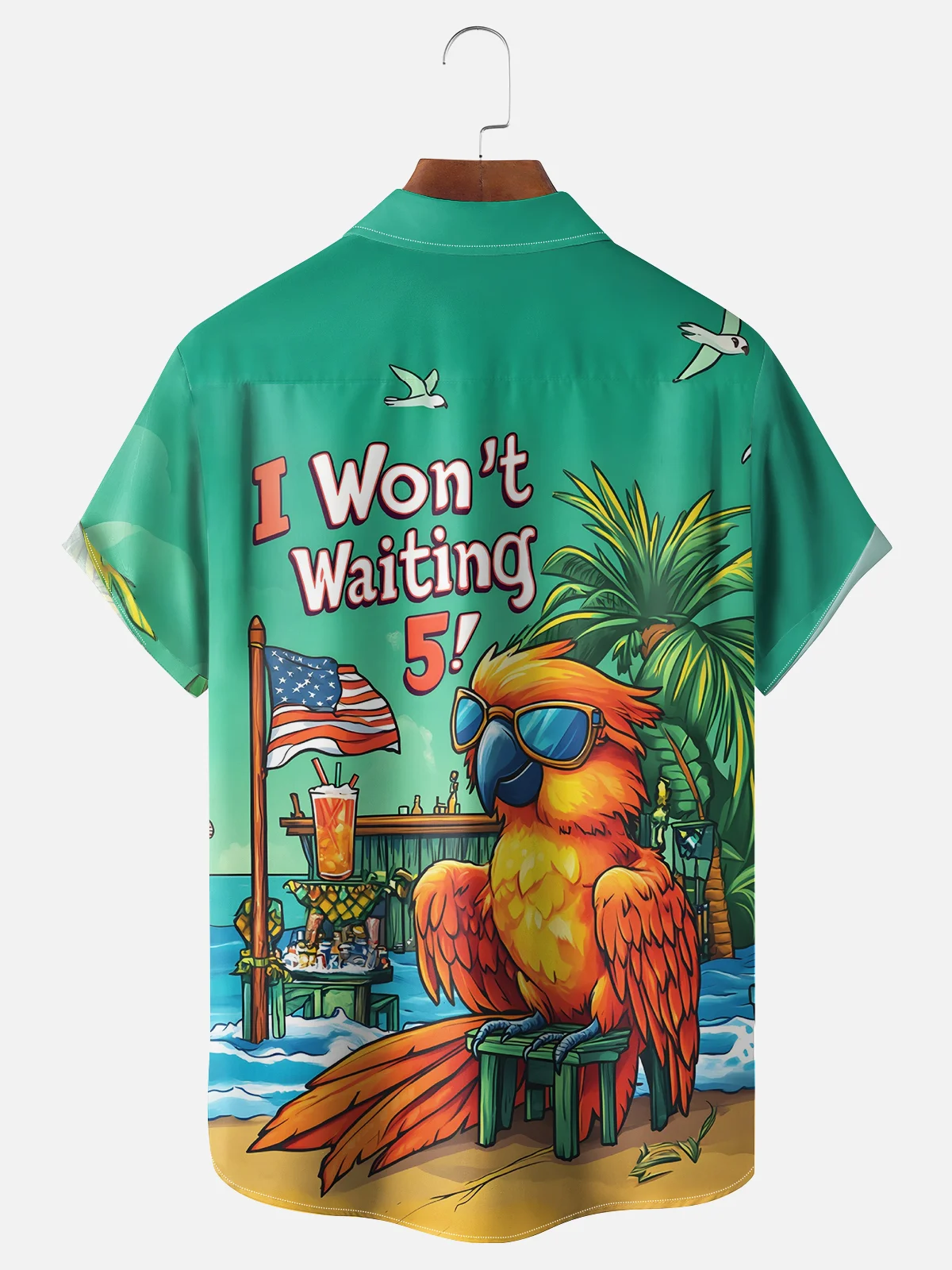 Moisture-wicking Parrot Cocktail "I Won't Waiting 5!" Chest Pocket Hawaiian Shirt