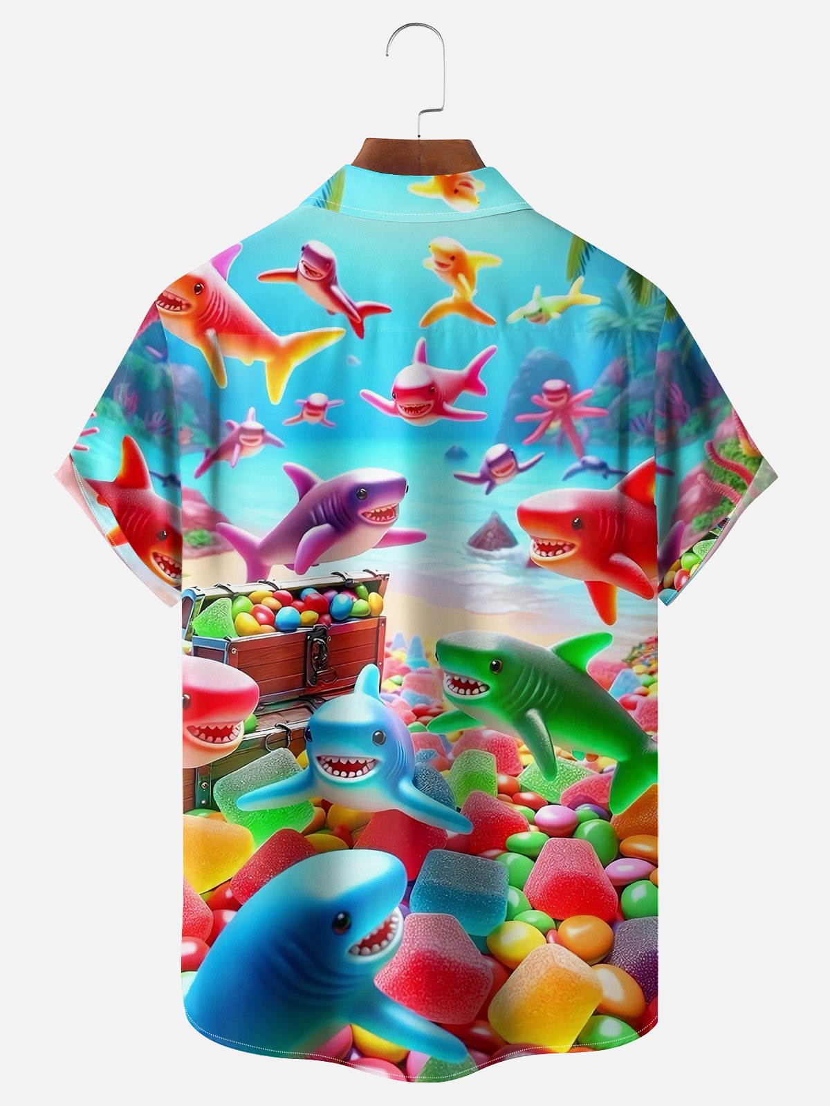 Moisture-wicking Funny Shark Gummy Art Chest Pocket Hawaiian Shirt