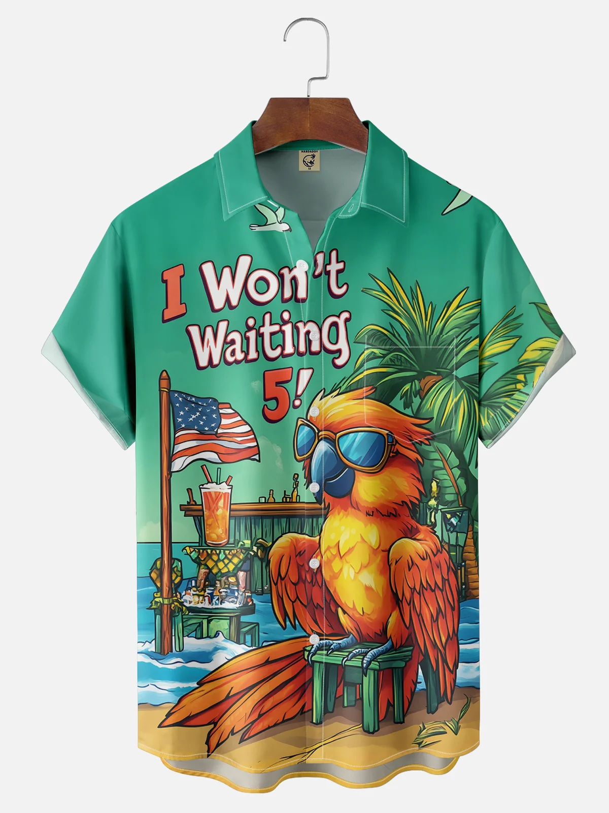 Moisture-wicking Parrot Cocktail "I Won't Waiting 5!" Chest Pocket Hawaiian Shirt