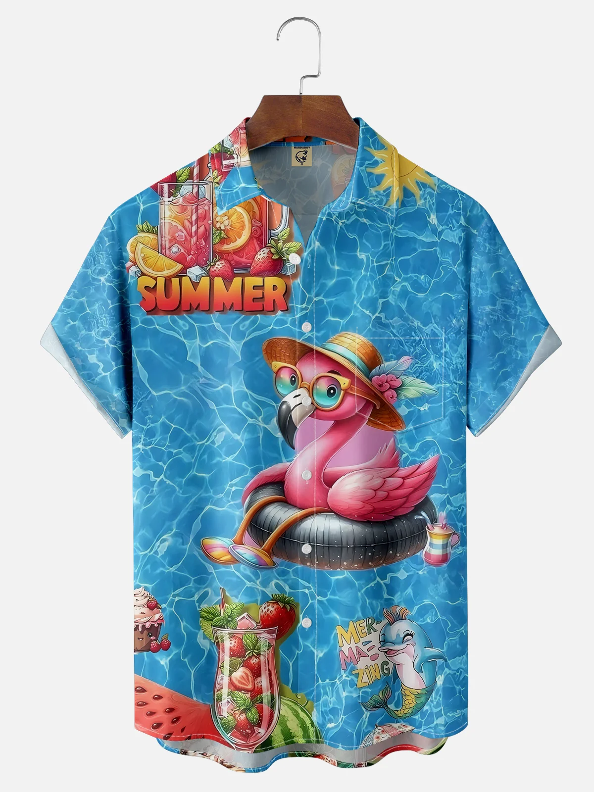 Moisture-wicking Fun Flamingo Art Blue Chest Pocket Hawaiian Shirt